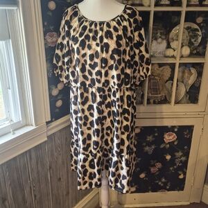 Leopard Print Midi Dress in Black & Tan - Women's Tiered Short Sleeve